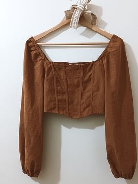 Kirious Pecan Brown Long Puff Sleeve Off The Shoulder Bustier Corset Crop Top